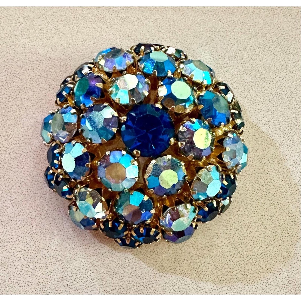 Vintage Warner Blue Aurora Borealis Rhinestone Dome  Brooch